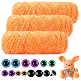 Mngevcy 3 x 150 m Chenille Wool for Crochet, Fluffy Wool, Soft Chenille Yarn with Safety Eyes for Knitting (Orange)