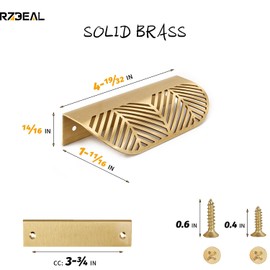 RZDEAL Solid Brass Cabinet Handles Brushed Gold Leaf Knobs and Pulls for Dresser Drawer Handles Edge Pulls,4-5/8"(117mm) Overall Length,4Pcs