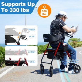 Rollator Walker for Seniors/Adults Foldable Rolling Walker with Seat 265 lbs Capacity 4 Big 8 inch Wheels Hand Grips Adjustable Height Lightweight Aluminum Walker 7208(Red)