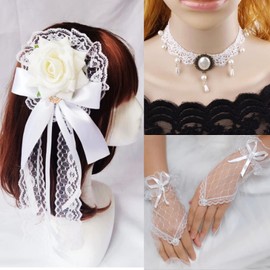 Lunari Lolita Headdress Choker Gloves, 3-Piece Set, Gothic Lolita, Rose, Ribbon, Lace Gloves, Gothic, Lace