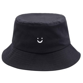 Bucket Hat Unisex 100% Cotton Smile Face Embroidery Reversible Hat Travel Bucket Beach Sun Hat Outdoor Cap, Black, One Size