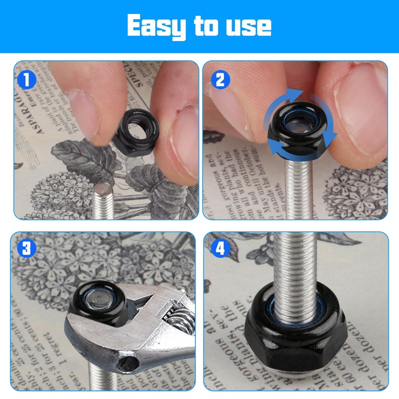 Pack of 50 M4 Nuts Set, Self-Locking Nuts, Black, Hex