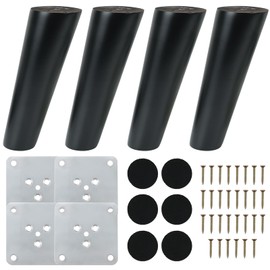 COEWUR Pack of 4 Furniture Feet, Oblique Wood, Black, 12 cm, Furniture Legs, Wood, Round Furniture Legs, Black Slanted with Mounting Plates, Screws and Felt Gliders, Wooden Feet for Furniture, Bed, Sofa, Cabinet, Couch, Chair