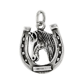 Sterling Silver Horseshoe Pendant, Horse Head, 3/4 inch tall