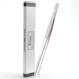 8-CREW KITCHEN Culinary Stainless Steel Tweezers, 8-inch Straight Tip Chef Precision Tongs for Plating, Decorating, Food Design, Bar and Multi-Purpose