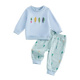 Santikisler Toddler Baby Boy Fishing Outfit Bait Embroidery Long Sleeve Sweatshirt and Plaid Print Pants Fall Clothes (Blue, 2-3T)