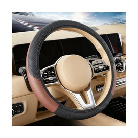 Car Steering Wheel Cover, Elastic Stretch Leather Non-Slip Vehicle Steering Wheel Guard, Automotive Interior Protective Decor Accessories, Universal for SUV RV Truck (Black/Coffee)