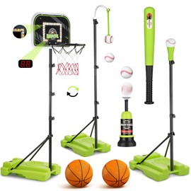 4 in 1 Kids Basketball Hoop and Tball Set for Kids 3-5, Adjustable Height Toddler Basketball Hoop, Hanging Tee Baseball with Automatic Pitching Toddler Birthday Gift Outdoor Toys for 3-12 Years Old