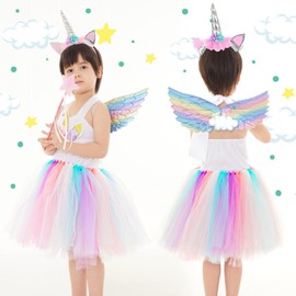 JONRRYIN Rainbow Unicorn Costume Children, Girls Unicorn Princess Dress, Girls Princess Dress with Wings, Fairy Sticks, Headband, Used for Carnival, Party Princess Dress (7-8 Years)