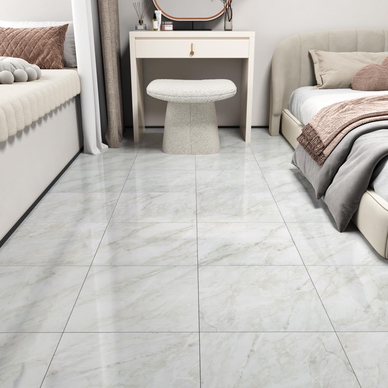 Wallercity Shiny White/Gray Peel and Stick Floor Tiles 18-Pack Self