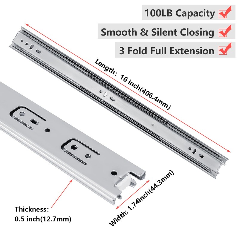 homdiy Side Mount 3 Fold Full Extension Drawer Slides 16