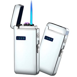 ZOIPPDMS Encendedor electrónico, recargable por USB, linterna de llama de chorro, recargable, butano 2 en 1, resistente al viento, infinito, ciclo de carga para acampar en interiores (hielo plateado)