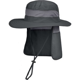 IYEBRAO Mens Sun Hat with Neck Flap Outdoor UV Protection for Hiking Fishing Garden Work (Dark Grey)