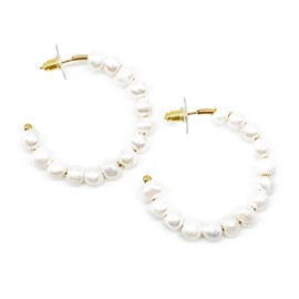 Feliss Women's Gold Pearl Earrings Made of Freshwater Pearls Large Hoop Earrings