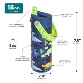 Elemental Water Bottles for Kids - Splash Kids Water Bottle for School with Pop-it Handle - BPA Free Tritan Plastic Water Bottle with Straw Leak Proof when Spout is Closed - Dinosaur- 18oz