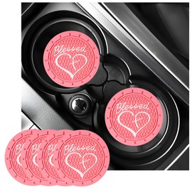 KVAEY 4 PCS Car Cup Holder Coaster, 2.76 Inch Anti Slip Vehicle Drink Mat with Cute Blessed Cross and Heart, Shockproof Cup Holder Coaster for Most Cars, Universal Car Accessories (Pink)