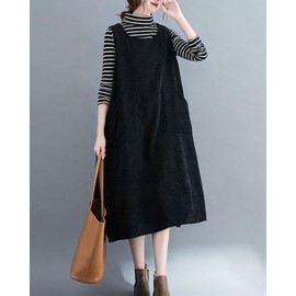 ellazhu Women's Round Neck Overall Corduroy Pinafore Pullover Jumper Dress GZ60 Black