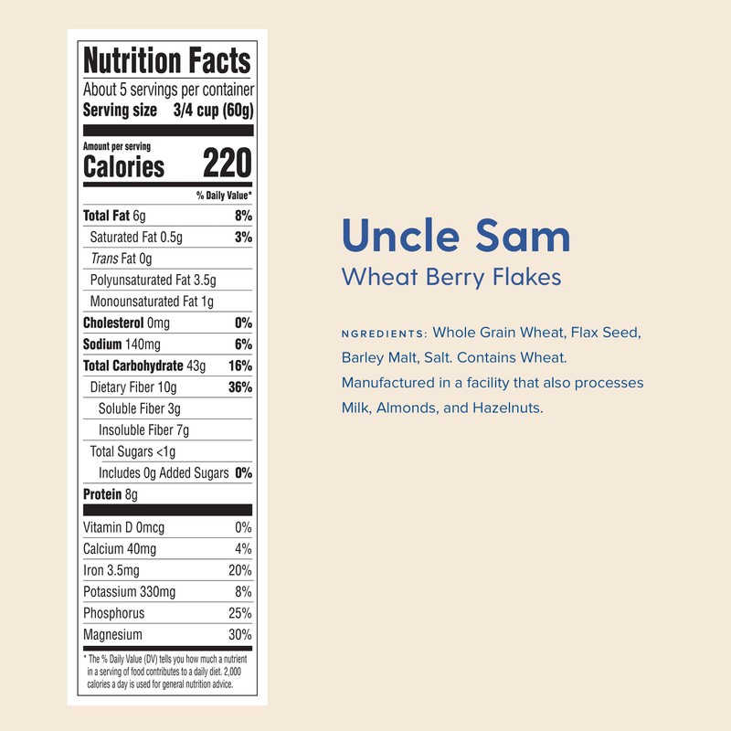 Uncle Sam Original Wheat Berry Flakes Cereal, Heart Healthy Cereal