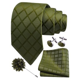 Gusleson Mens Olive Green Tie for Wedding Silk Plaid Checkered Necktie Pocket Square Cufflinks and Lapel Pin Brooch Set (UK6104-21)