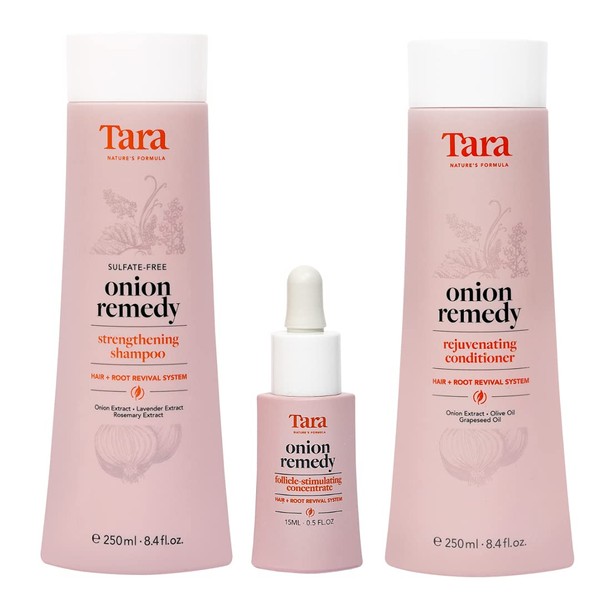 Tara Onion Remedy Hair + Root Revival System. Cruelty-Free: 3-Step Treatment – Shampoo + Conditioner + Serum for Stronger, Thicker and Longer hair. Free from Parabens, Sulfates and Mineral Oils