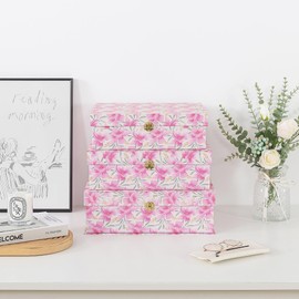 Soul & Lane Pink Floral Cardboard Decorative Storage Boxes with Gold Hardware - Set of 3, Garden Blush - Stacking Boxes with Lids for Home Decor and Organizing, Elegant Design