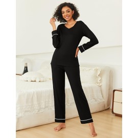 Ekouaer Womens Pajama Sets 2 piece Lounge Sets for Women V-neck Long Sleeve Top and Elastic Waist Pants with Pockets Black