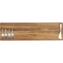 Pavilion Gift Company Our Friends are Our Family 21 x 6 Inch Cheese Serving Board, Single Knife & Four Fork Set with Debossed Text, 21", Brown