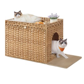 Feandrea Cat Litter Box Enclosure, Handwoven Rattan Hidden Litter Box Furniture with Extra Litter Mat, Removable Washable Tray, Boho Cat House, End Table, Goose Yellow UPCL014K01