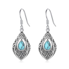 Turquoise Earrings 925 Sterling Silver Filigree Earrings Oxidized Vintage Teardrop Jewelry Suitable for Women Christmas Anniversary Birthday Gift