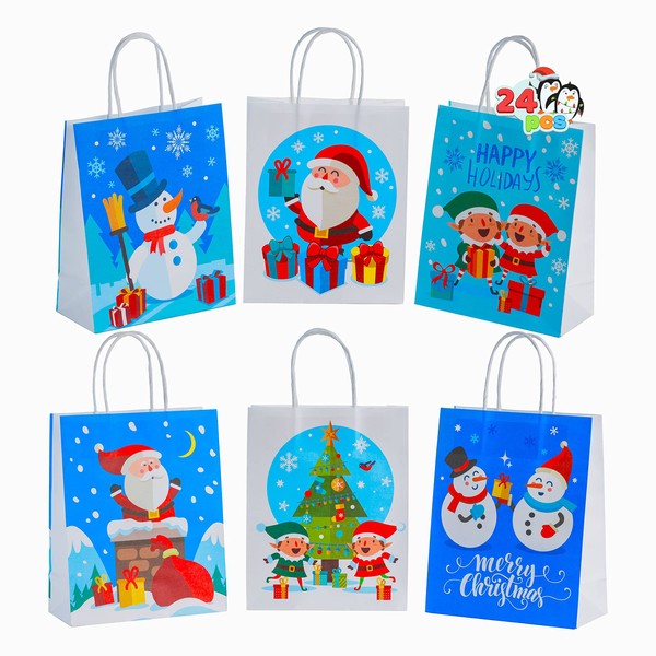 JOYIN 24PCS Christmas Paper Gift Bags with Handles, 6 Design Christmas Holiday Goody Bags for Christmas Decoration and Xmas Party