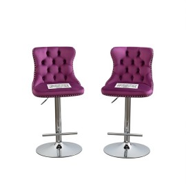 Purple Velvet Barstools Adjustable Height Chrome Base Swivel Tufted Back Home Pub Kitchen Island Set Of 2color: as Pic Color