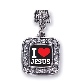 Inspired Silver - I Love Jesus - Silver Memory Charm for Women - Square Charm Jewelry Gift with Cubic Zirconia - Women's Charm for Bracelets