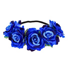 June Bloomy Rose Floral Crown Garland Flower Headband Headpiece for Wedding Festival (Blue)