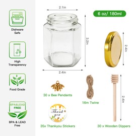 BIGIVACA 6 oz Mini Honey Jars - 30 Pack Hexagon Glass Jars with Wood Dippers, Gold Lids, Bee Pendants, Jutes, Stickers for Wedding Favors, Party Favors, Candle Making