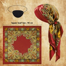 Durio Pirate Scarf for Women Pirate Accessories Satin Silk Bandana for Hair Wrapping Square Head Scarf with Eye Patches Set Red & Red One Size