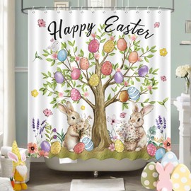 Easter Shower Curtain Bunny Easter Eggs Tree Shower Curtain for Bathroom Spring Happy Easter Rabbit Floral Bathtub Decor Fabric Waterproof Washable Bath Curtain 72x72 Inch