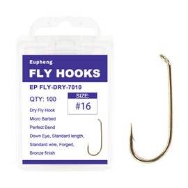 Eupheng Fly Fishing Hooks 100pc Pack Micro Barbed High Carbon Steel Bronze Forged for Dry Flies, Curved Nymphs, Shrimp,Caddis Pupa (#16, EP FLY-DRY-7010)