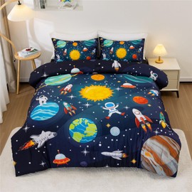 Meeting Story 3Pieces Universe Space Themed Comforter Set Planet Astronaut Rocket Galaxy Printed Pattern Quilt Bedding Set for Kids Girls Boys Children Room Decor (Full,Dark Blue)