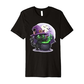 Black Cat Witch with Cauldron and Moon Premium T-Shirt