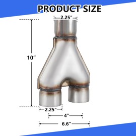 Floshine 409 Stainless Steel Diesel 2.25''inlet/2.25''outlet Exhaust Y-Pipe, 2.25 Inch Single/2.25 Inch ID Dual Pipe 10" Overall Length