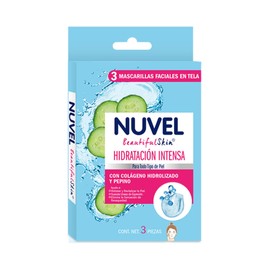 Nuvel Mascarilla Facial en Tela Hidratación Intensa, para Todo Tipo de Piel, con Colágeno Hidrolizado y Pepino, Paquete con 3 Piezas, Hidrata y Revita