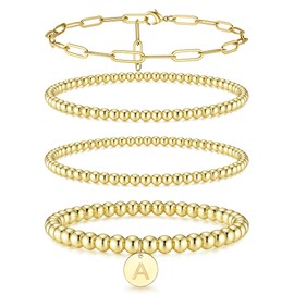 Sanfenly Gold Initial Bracelet for Women Non Tarnish, Stainless Steel Gold Plated Beaded A Initial Bracelets, Elastic Gold Bead Stretch Initial Bracelets Stack, Dainty Stretchy Stackable Bracelets