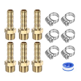M METERXITY 6 Pack Brass Hose Barb Fitting 6mm x G1/8 Female Couple Hose Connector with Stainless Steel Hose Clamp & PTFE Tape Barb Air Hose Repair Fitting Adapter Kit