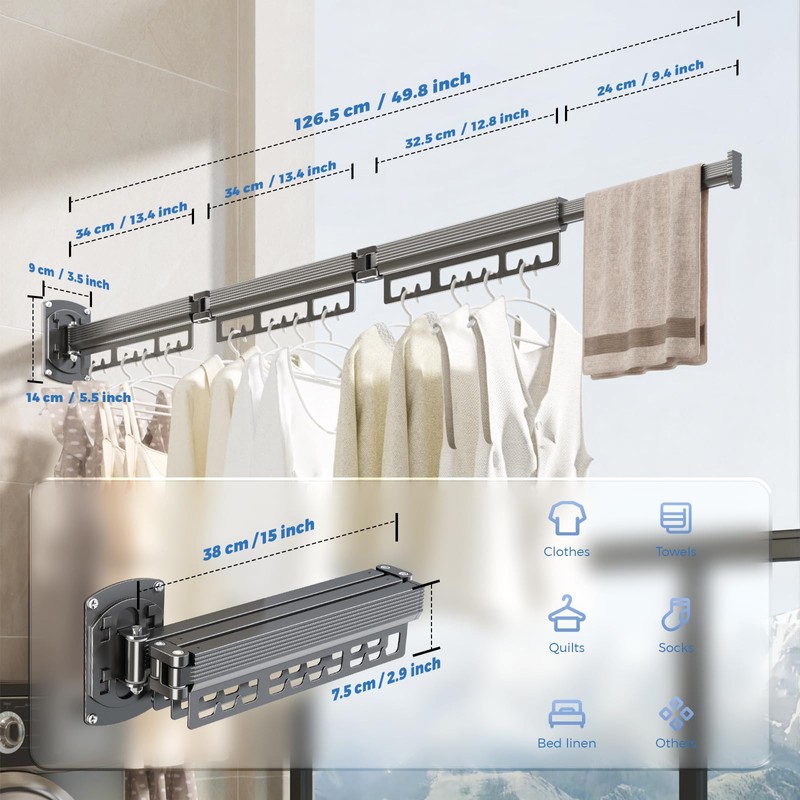 Greraes Clothes Drying Rack Wall Mounted,Expandable Drying Rack Clothing(Tri-Fold),Laundry Space