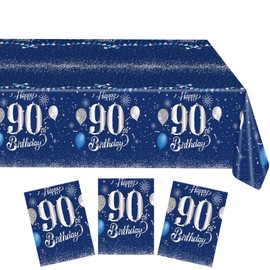 Xiliconie 3PCS 90th Birthday Tablecloth Blue and Silver Theme Party Supplies Disposable Plastic Rectangular Table Decorations for Men Women 90th Birthday