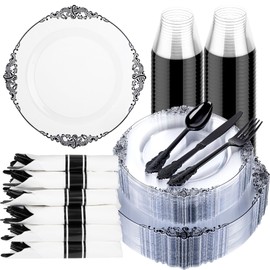 Hioasis 350pcs Clear Black Plastic Plates - Elegant Disposable Dinnerware Set Suitable for 50 Guests Include 10.25" Dinner & 7.5" Dessert Plates, Pre Rolled Silverware Set, Cups for Party & Wedding