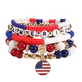 4th of July Bracelets for Women America Flag Bracelets USA Red White and Blue Patriotic Stretchy Stackable Beaded Heishi Bracelet Independence Day Jewelry