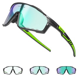 KAPVOE Cycling Glasses, MTB Glasses, Self-tinting Clear Cycling Glasses, Road Bike, Sports Glasses, Sunglasses, Cycling, Running, Golf, Driver's Glasses, Baseball Men and Women, Green, Black,
