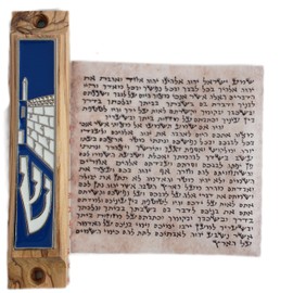 Olive Wood Blue Enamel Door Jewish Kotel Mezuzah Case w/Non-Kosher Scroll Traditional Handmade Klaf Parchment 3.8"/10cm, for Home Protection and Blessings Shin Wailing Wall Jerusalem