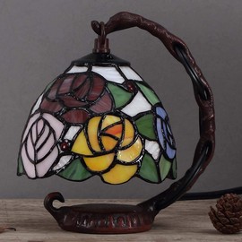 Bieye L10036 Rose Tiffany Style Stained Glass Table Lamp with 6-inch Wide Lampshade Hanging on The Cast Iron Base (Pink)